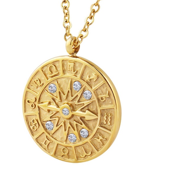 18K GOLD PLATED STAINLESS STEEL "ZODIAC WHEEL" NECKLACE - Picture 1 of 2